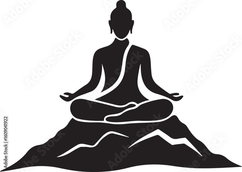 Silhouette of a person meditating on a mountain peak representing spiritual connection and peace isolated on transparent background