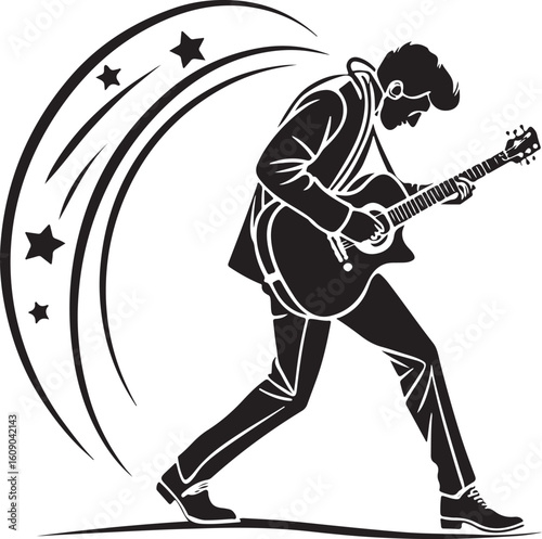 Artistic silhouette of a musician playing guitar isolated on transparent background