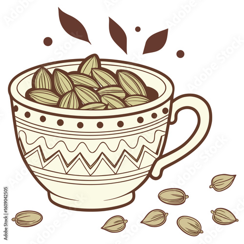 Traditional Arabic Coffee Cup Vector – Golden Pattern with Cardamom Beans, Cultural Heritage and Middle Eastern Design