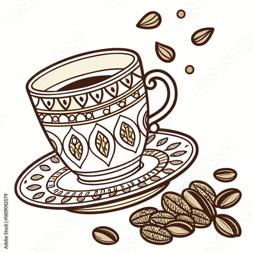 Arabic Style Coffee Cup Vector. Traditional Arabic cup with golden pattern and cardamom – cultural diversity design.