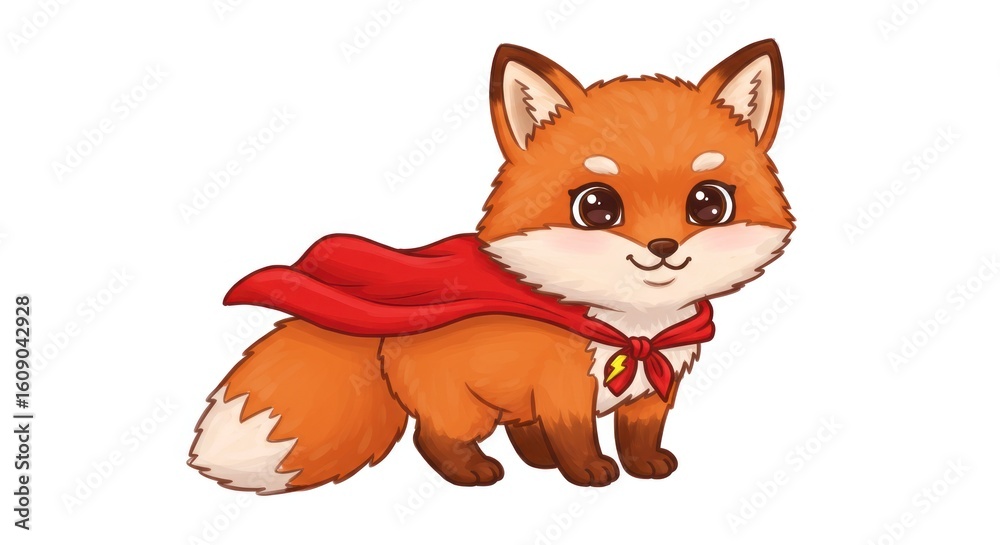 Obraz premium Cute cartoon fox wearing a red superhero cape and scarf