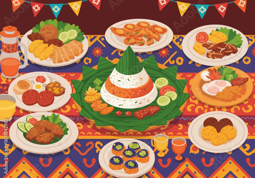 A vibrant Indonesian feast featuring tumpeng, a cone-shaped rice dish, surrounded by various savory and delicious side dishes.