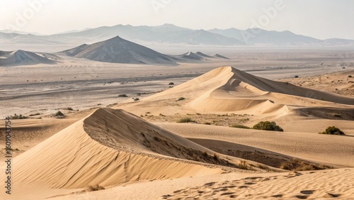 Fototapeta Naklejka Na Ścianę i Meble -  Egyptian and Saharan desert landscapes feature vast sand dunes under a dry, arid sky, perfect for summer travel adventures