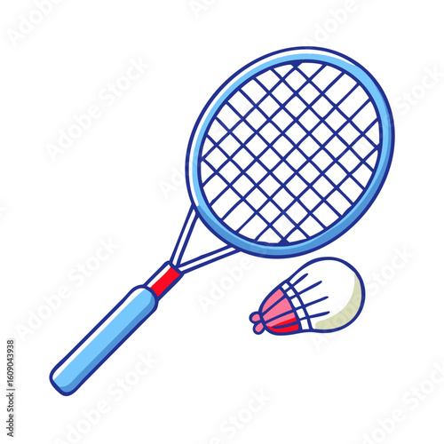 Cartoon illustration of a blue badminton racket and shuttlecock ready for a game