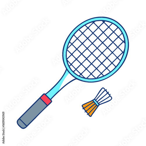 Illustration of badminton racket and shuttlecock with blue and orange accents