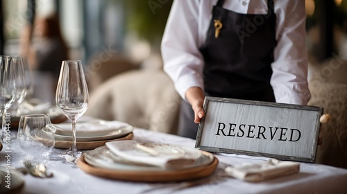 Restaurant reserved concept waitress placing reserved sign upscale table setup fine dining event booking scene