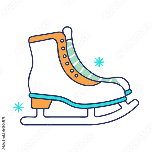 Cartoon ice skate with orange accents and light blue accents is ready