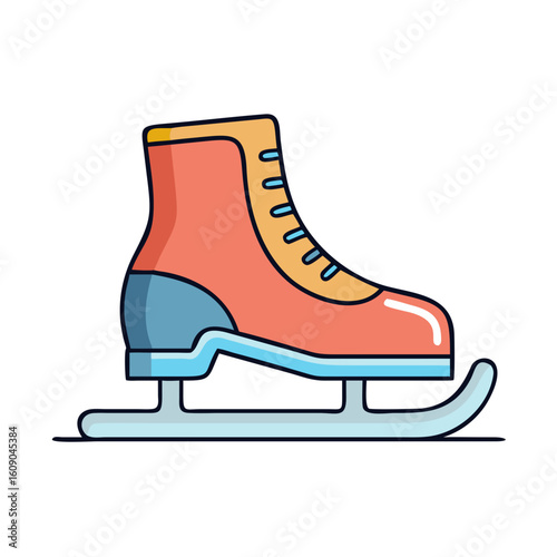 Cartoon illustration of a single ice skate with orange boot and blue blade