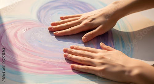Wallpaper Mural Close-up of hands creating colorful swirling patterns on a smooth surface with vibrant pastel shades for artistic expression and creative design projects Torontodigital.ca