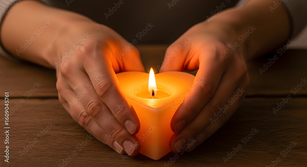Close-up of hands gently holding a lit orange candle on a wooden surface creating a warm and cozy atmosphere for relaxation and tranquility in a peaceful setting Close-up of hands gently holding a lit orange candle on a wooden surface creating a warm and cozy atmosphere for relaxation and tranquility in a peaceful setting