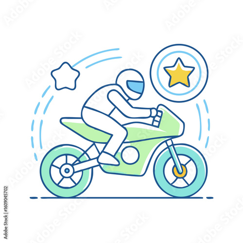 Cartoon illustration of a motorcyclist riding towards success and achieving goals
