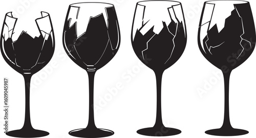 Four wine glasses in a row with one broken silhouette