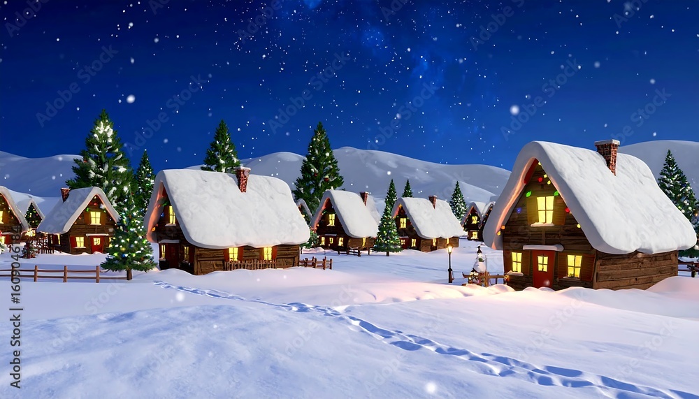 Fototapeta premium Cartoon winter village scene at night