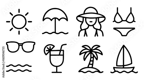 Outlined summer vacation themed icon set