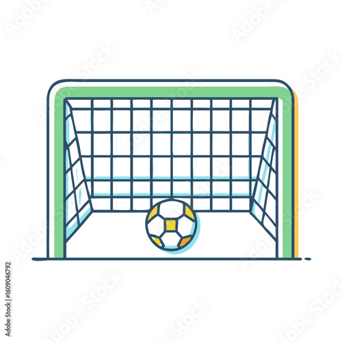 Cartoon soccer ball inside a goal with a blue net, illustration