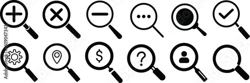 Magnifying glass icon set. Search icon symbol. search icon clip art , zoom in and zoom out symbol, Magnifying glass sign isolated. vector illustration
