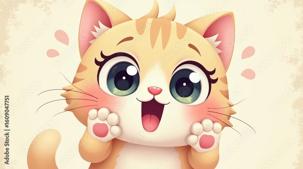 Fototapeta premium An adorable vector illustration of a chibi cat's face is depicted, displaying a comical expression with puffed-out cheeks, conveying charming feline amusement.