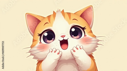 The cute face of a vector style chibi cat is prominently featured, contorted in a comical expression with puffed-out cheeks, symbolizing delightful feline wonder.