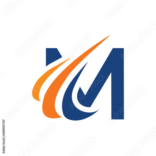 Free Download The image shows an initial logo design of a letter M in simple flat style with three swoosh lines as the focal point. It looks and clean and modern in blue and orange color on a white background. - GFXLoad