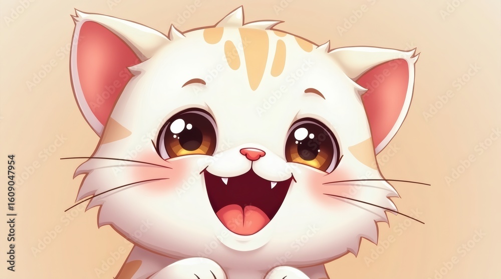 Fototapeta premium The adorable face of a vector style chibi cat is presented, displaying a comical expression with puffed-out cheeks, symbolizing a moment of whimsical feline confusion.