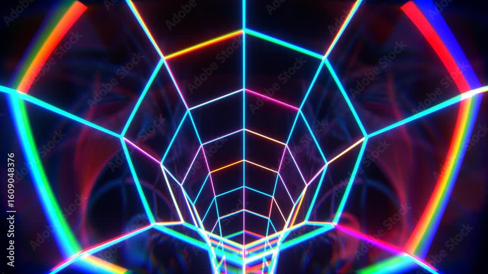 Vibrant neon lights illuminate a futuristic hexagonal tunnel, creating an abstract, glowing pathway with a deep perspective.