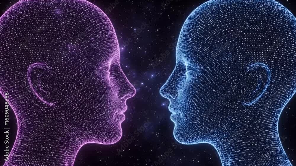 Digital connection Conceptual faces in vibrant hues against a cosmic backdrop representing interpersonal connection and communication.