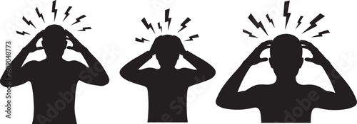 Three people in silhouette holding their heads in distress silhouette