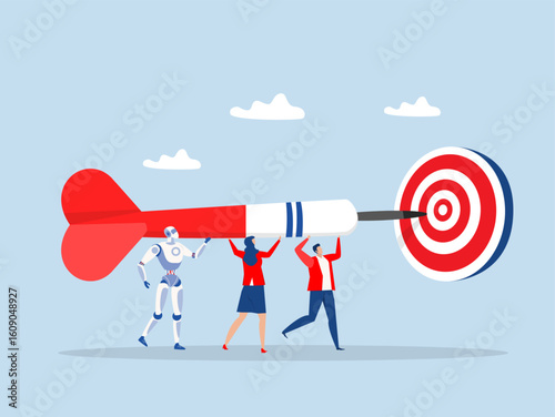 Teamwork project goal or target,business people with dart running to target or purpose.mission or direction, ambition to success vector