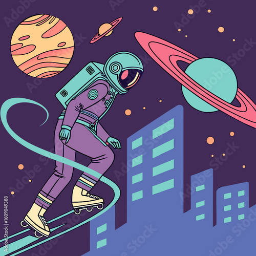 Astronaut rollerblading through a futuristic city in outer space