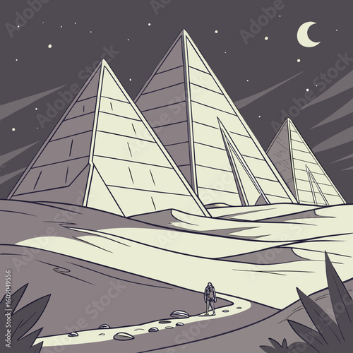 Lone traveler approaches ancient pyramids under a starry night sky with a crescent moon