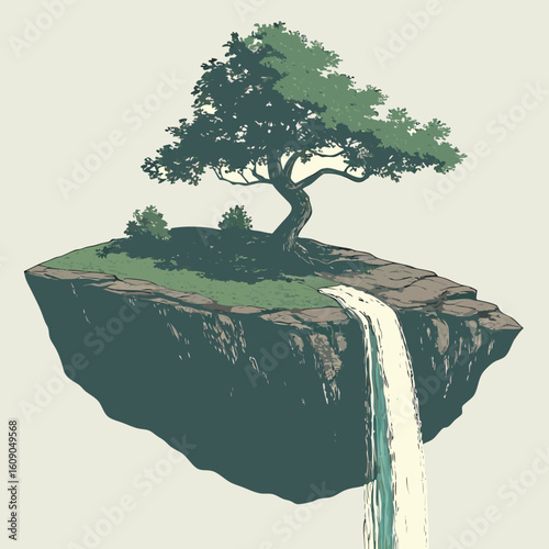 Floating island with a tree and waterfall against a light background