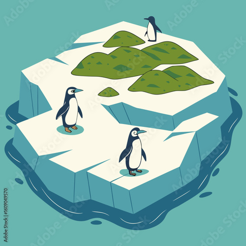Cute cartoon penguins on an iceberg with green hills
