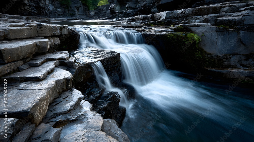 Fototapeta premium Serene Waterfall Flowing Over Rocks Surrounded by Lush Greenery in a Tranquil Natural Landscape