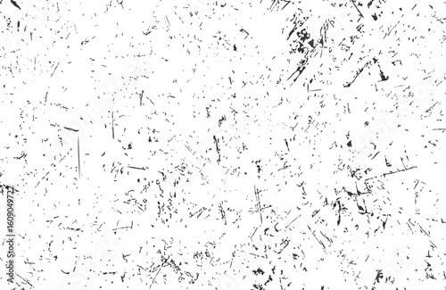 High-Contrast Grunge Texture on White Background: Distressed Surface with Scratches, Cracks, Dust, and Ink Splatters for Overlay Effects.