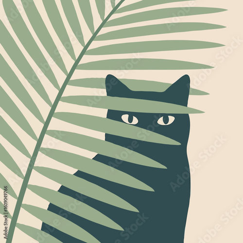 Black cat hiding behind tropical palm leaves in minimalist style  