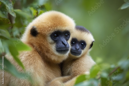 Yellow Cheeked Gibbon monkey (Nomascus Gabriallae) mother with child in the forest
