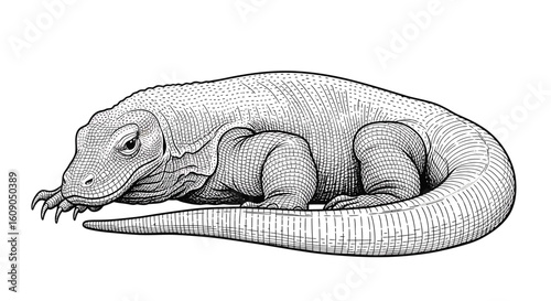A striking digital illustration of a Komodo dragon in a modern low-polygon style. The majestic reptile is shown isolated on a white background.