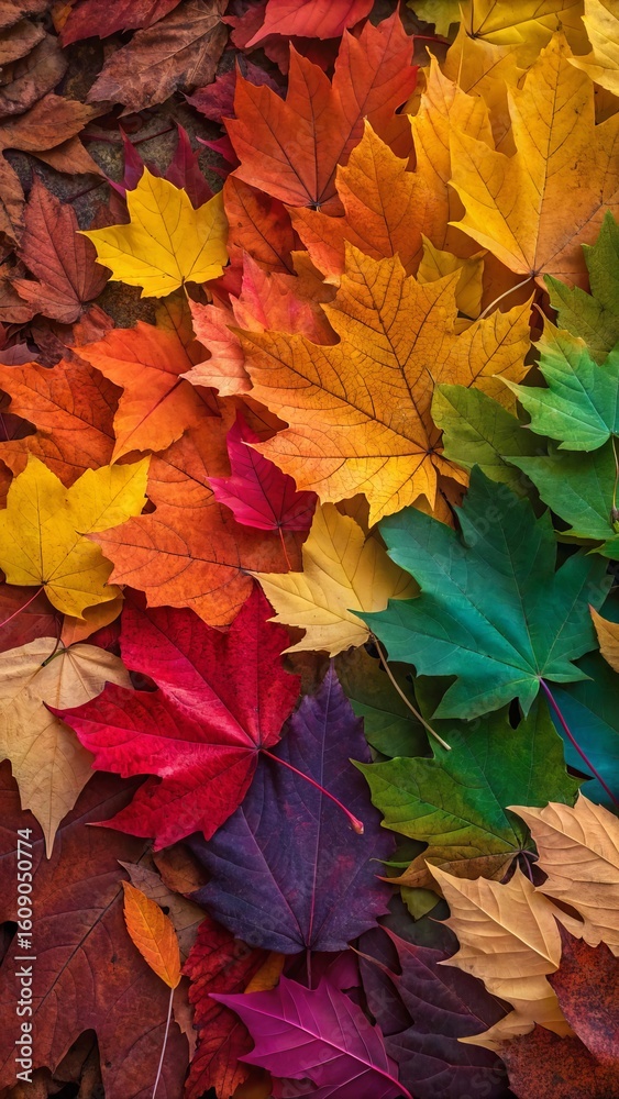 Fototapeta premium Vibrant rainbow of autumn maple leaves close up