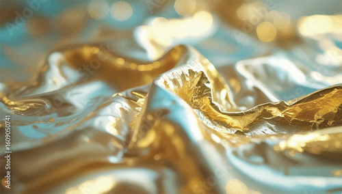 Luxurious gold foil texture with shimmering folds and bokeh effects, perfect for elegant or festive design backgrounds.