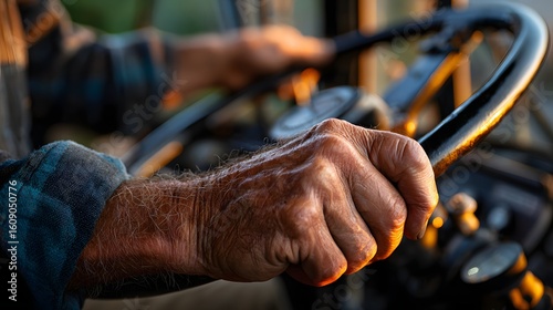 Close-Up of a Farmer's Hand Gripping the Steering Wheel of a Tractor at Sunset in the Field