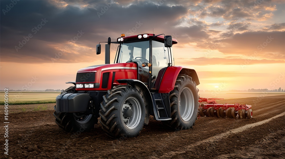 Fototapeta premium Heavy Red Tractor Working in a Field During Sunset with Dramatic Clouds in the Sky