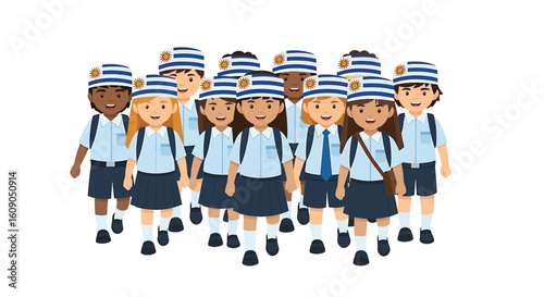 A group of diverse elementary school children wearing uniforms and striped hats, walking together with backpacks.