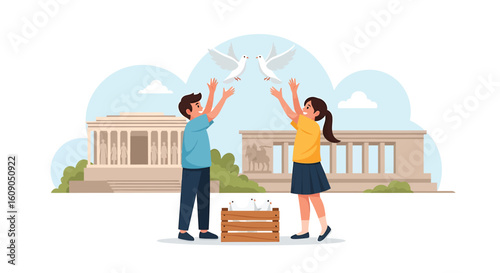 A boy and a girl release white doves from a wooden crate in front of classical buildings, symbolizing peace and freedom.
