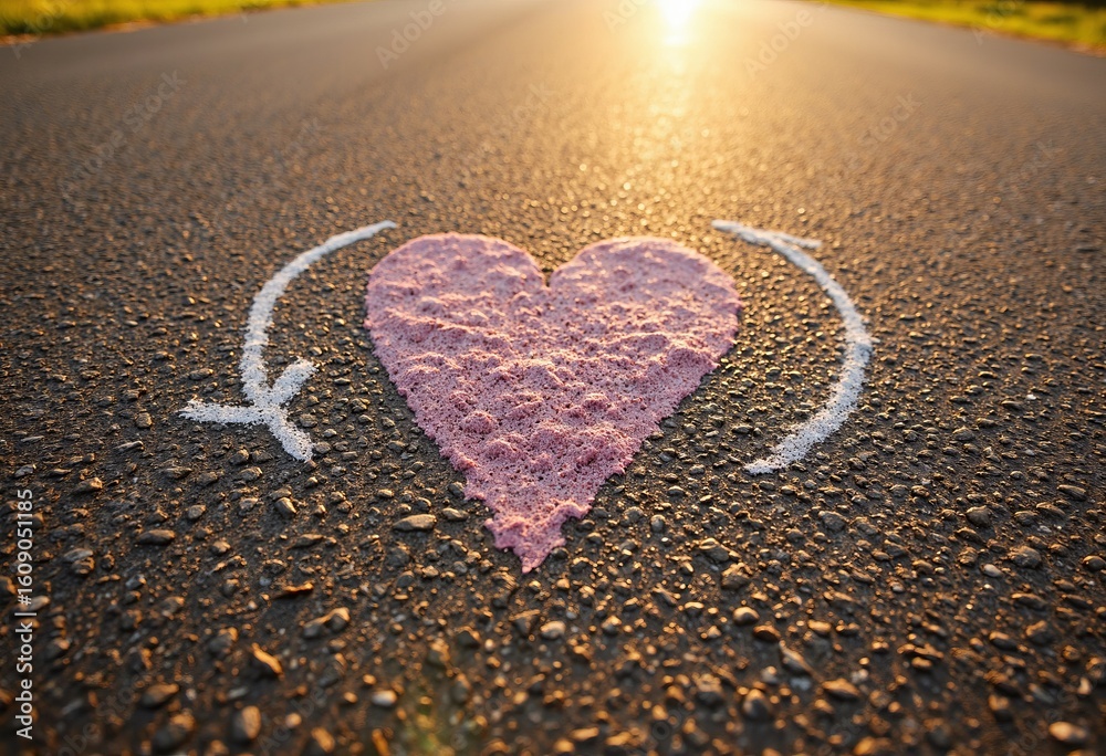 Fototapeta premium Chalk Heart on Asphalt with Sunlight – Symbol of Love and Childhood Memory Arrows
