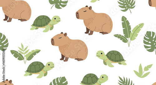 Seamless pattern with adorable capybaras, turtles, and jungle leaves. Tropical wildlife vector illustration for kids.