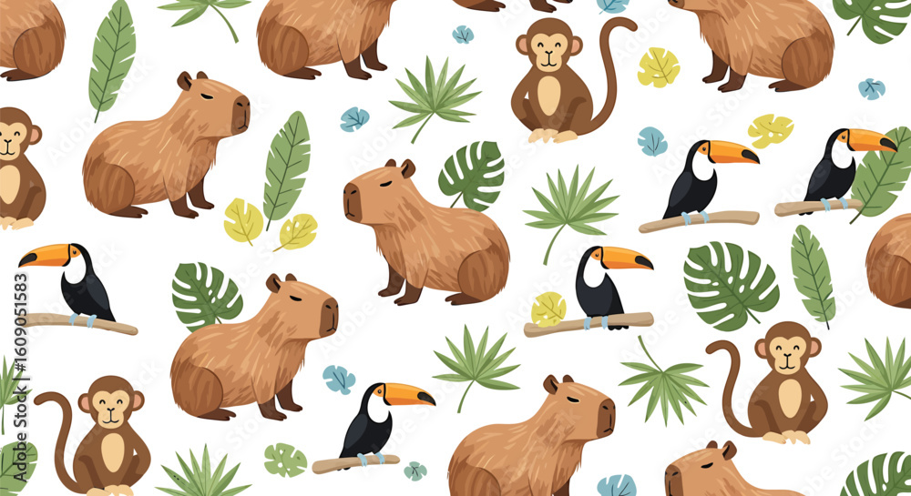 Fototapeta premium Seamless pattern featuring capybaras, monkeys, toucans, and tropical leaves scattered on a white background.