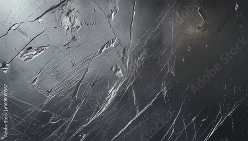 Dark abstract background of a broken and scratched surface. Grunge texture with deep cracks, chips, and reflective metallic or glass details.
