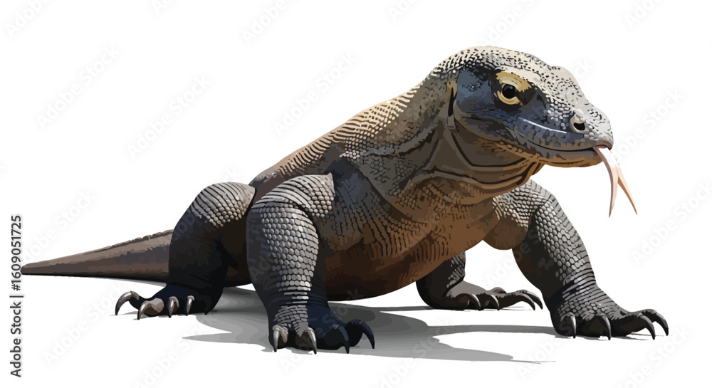 Obraz premium A Komodo dragon with its tongue extended, walking on a white surface, casting a shadow.