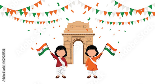 Two children holding Indian flags stand before India Gate, adorned with bunting and confetti, celebrating a national holiday.