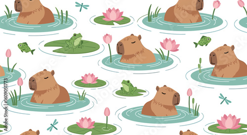 Seamless pattern featuring capybaras in water with lotus flowers, lily pads, frogs, dragonflies, and reeds on a white background.